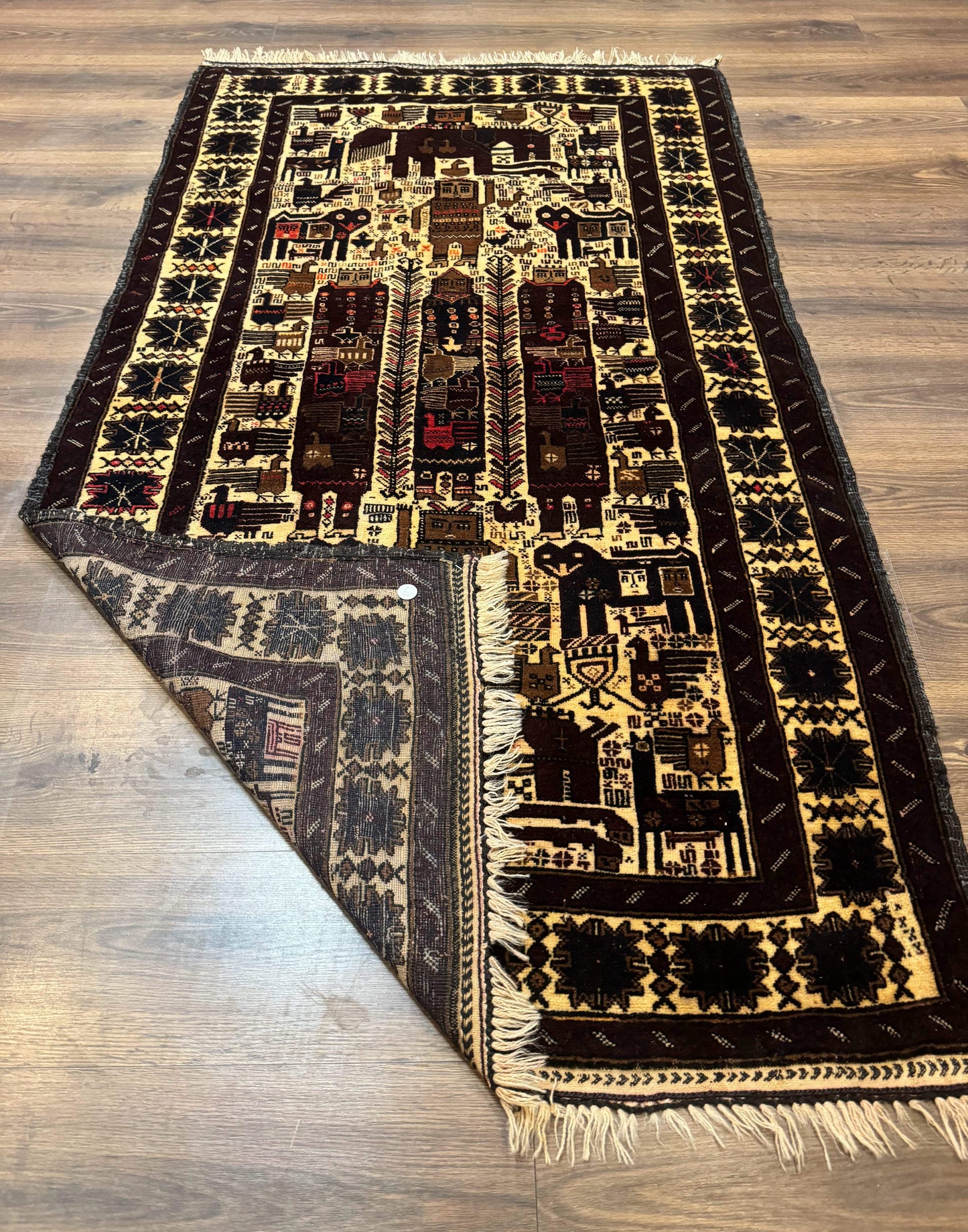 Persian Baluch Tribal Rug 4x6, Human and Bird Pictorials, Vintage, Wool, Collectible