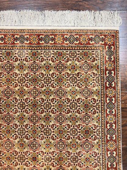 Turkish Kayseri Silk Rug 4x6, Hand Knotted Handmade Vintage Allover Pattern, Fine Silk Oriental Carpet 4 x 6 ft, Traditional Rug, Cream
