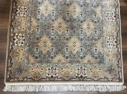 Super Fine Persian Isfahan Rug 3x5 ft, Kork Wool on Silk Foundation, Repeated Floral Motif, Taupe Tan Hand Knotted Oriental Carpet 3 x 5 ft, Signed