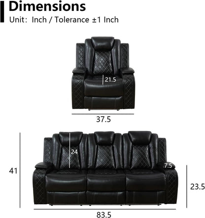 Black Leather Reclining Sofa Set With LED Light Living Room