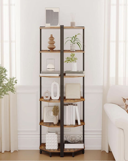 6-Tier Rustic Brown Corner Shelf Stand For Living Room