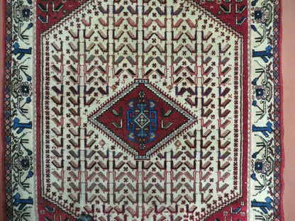 3' X 5' Vintage Handmade India Geometric Oriental Wool Rug Nice Birds Ivory Red