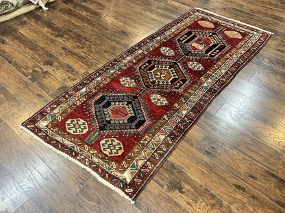Persian Heriz Runner Rug 3.8 x 8.6, Geometric Design, Large Triple Medallions, Hand Knotted Handmade Vintage Wool Hallway Rug, Red