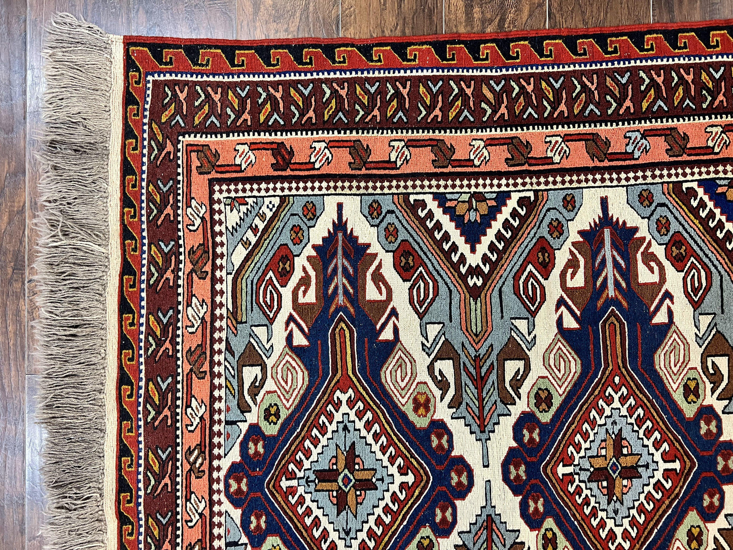 Russian Soumak Rug 6x8, Wool Handmade Antique Kilim Carpet, Multicolor 6 x 8 Geometric Medallions Caucasian Rug, Medium Size