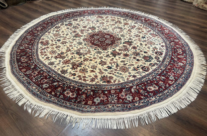 Round Sino Persian Rug 8x8, Wool and Silk, Floral Medallion, Ivory Dark Red