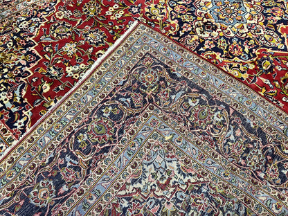 Persian Kashan Rug 9x12, Red Navy Blue, Allover Floral Medallion & Corner Design, Handmade Wool Oriental Carpet, Semi Antique Traditional Carpet