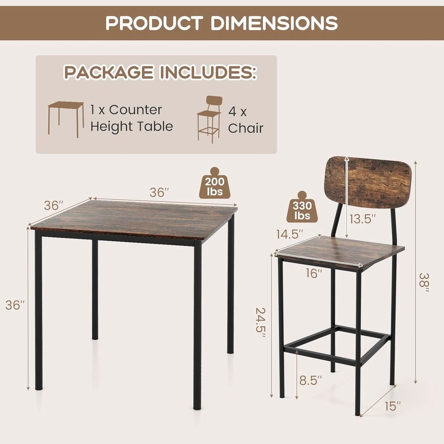Counter Height Industrial Dining Table Set 36x36 Bar Stools