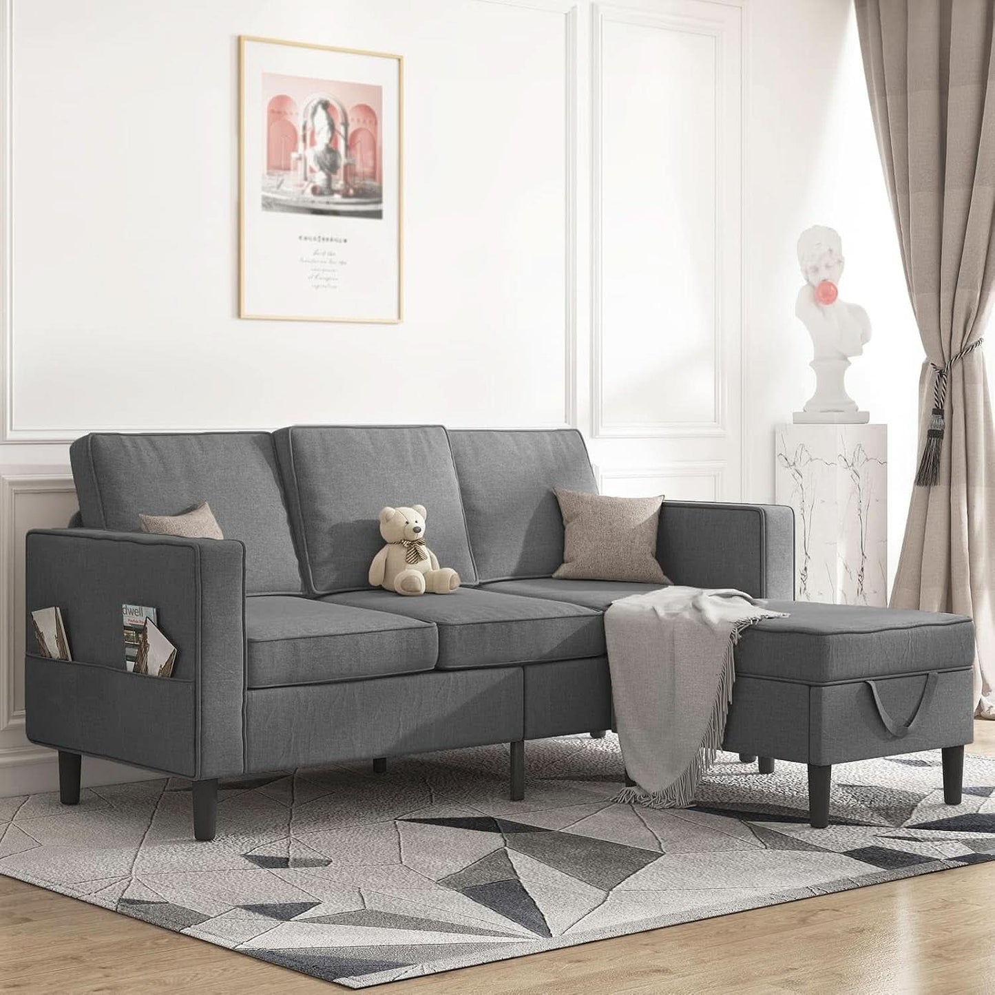 Dark Grey Convertible Sectional Sofa With Storage Ottoman