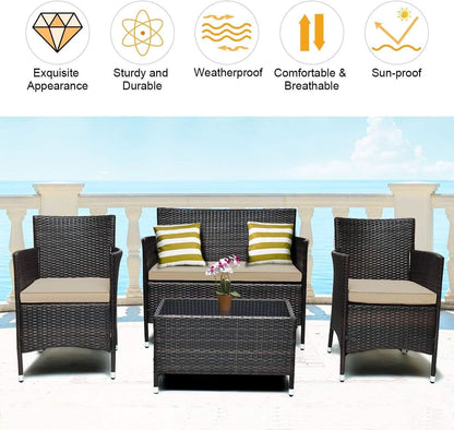 4-Piece Outdoor Rattan Conversation Set with Cushions