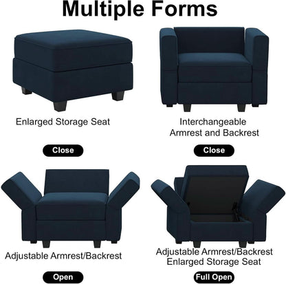 Modular Velvet Sectional Sofa Blue With Storage Ottoman