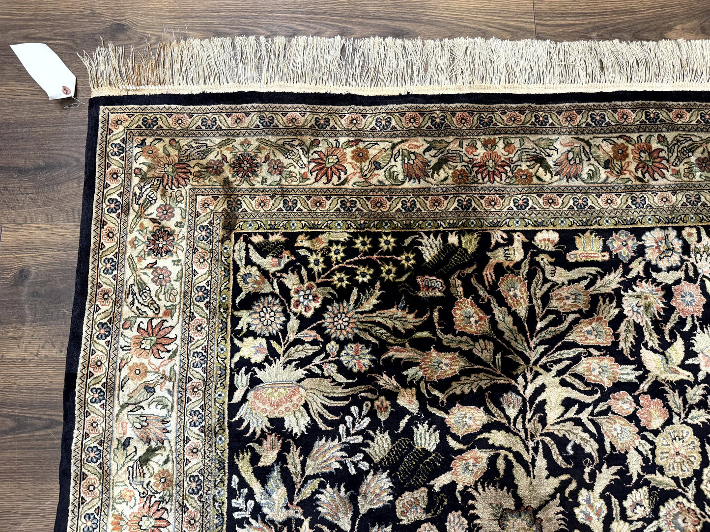 Silk Rug 4x6, Black and Cream, Floral & Bird Pictorials, Fine 330 KPSI, Sino Persian Rug