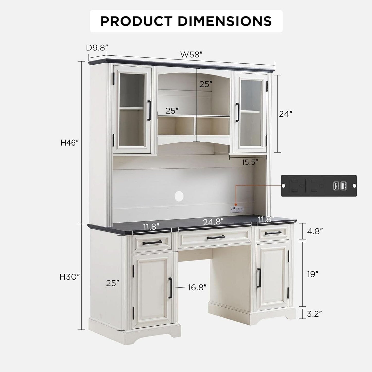 Farmhouse 76 Inch White Industrial Grade Desk Hutch