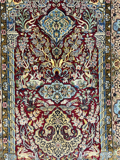 Marvelous Persian Isfahan Rug 3.7 x 5.6, Tree of Life and Animal Pictorials, Handmade Vintage Super Fine 600 KPSI, Kork Wool  Silk Highlights, Rare