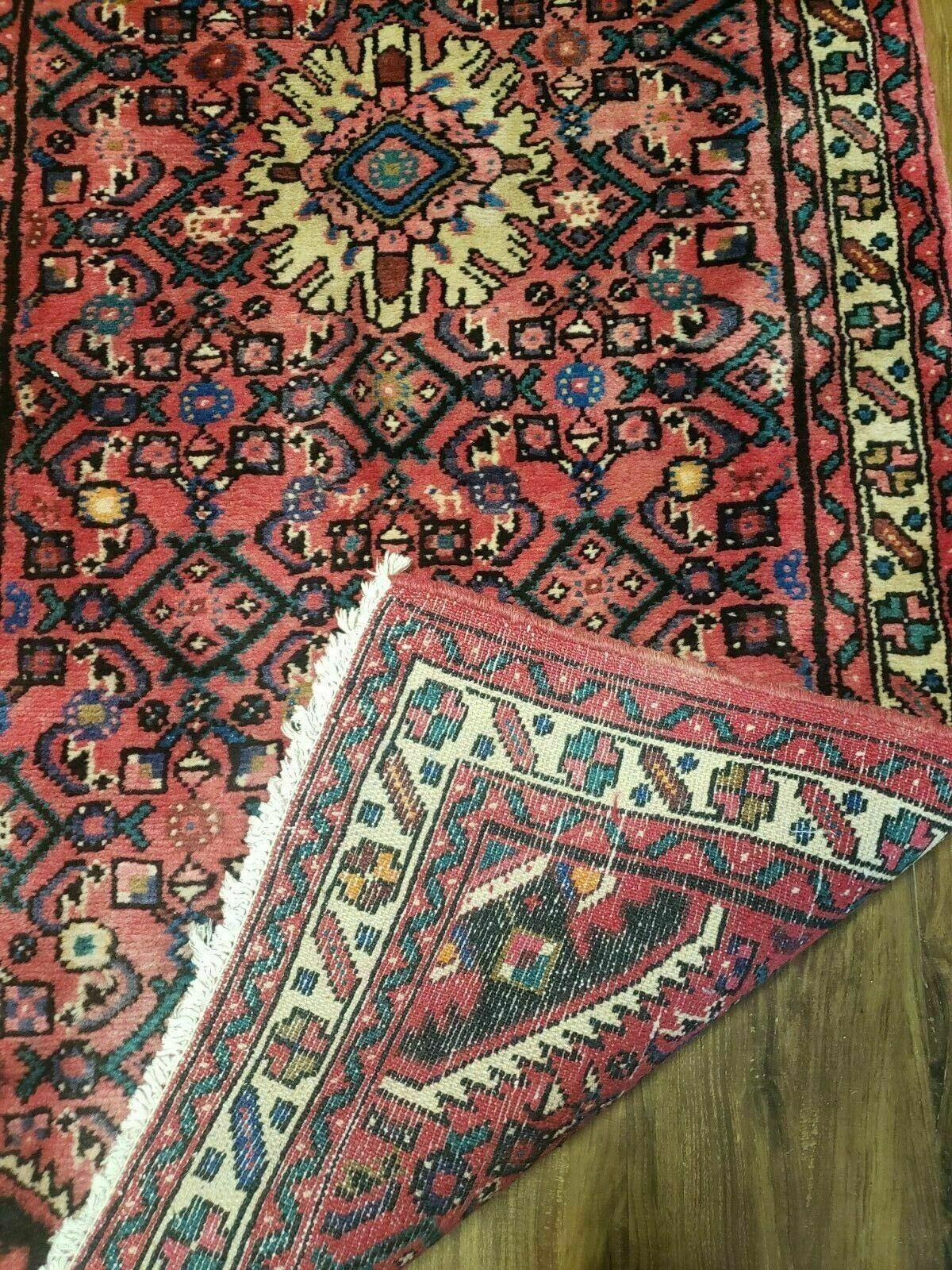 Persian Hamadan Runner Rug 2.8 x 14, Red, Vintage Handmade Wool Runner Rug