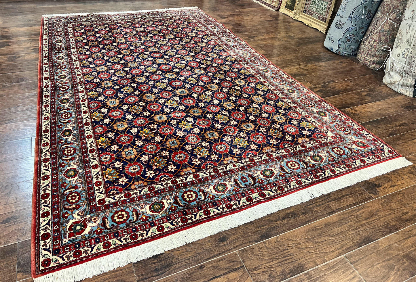 Persian Veramin Rug 7x11, Repeated Allover Pattern, Handmade Vintage Carpet, Navy Blue