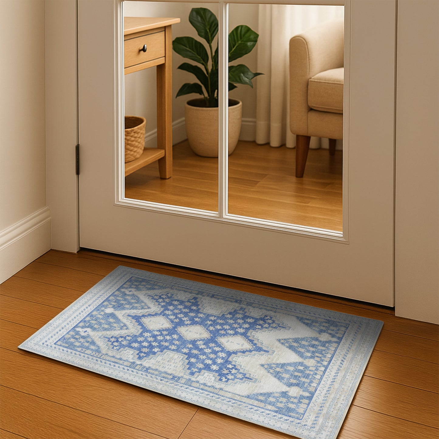 Beige Blue Boho Oushak Washable Rug