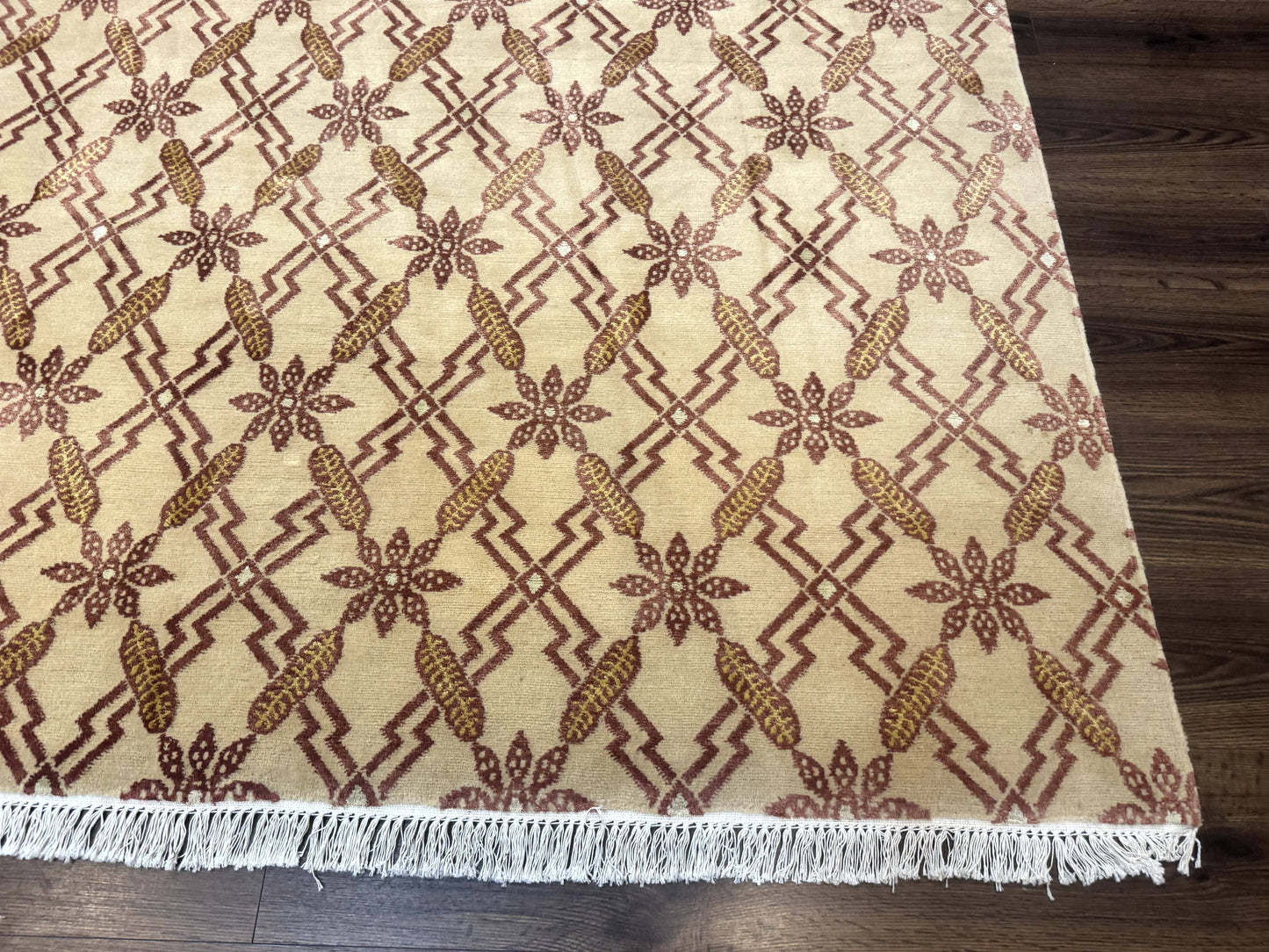 Tibetan Rug 8x10, Wool with Silk Highlights, Beige and Maroon, Contemporary Carpet