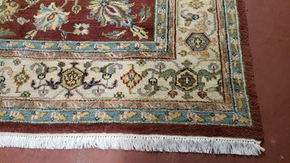 8x12 Indo-Mahal Rug, Floral Allover, Red & Beige, Wool Vintage Handmade Traditional Carpet