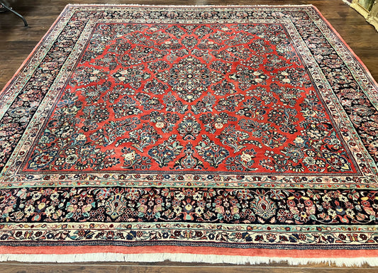 Square Persian Sarouk Rug 11x11 ft, Rare Size, Hand Knotted Wool Floral Allover Red Persian Carpet, Handmade Antique Rug