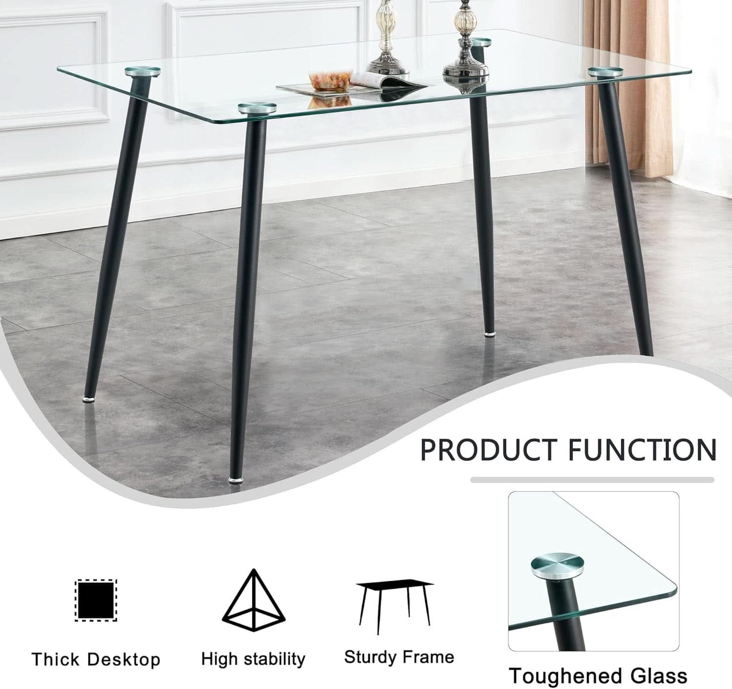 51 Inch Glass Dining Table For 4 With Tempered Glass Top