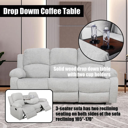 Grey Linen Recliner Sofa Set Featuring Drop Down Table
