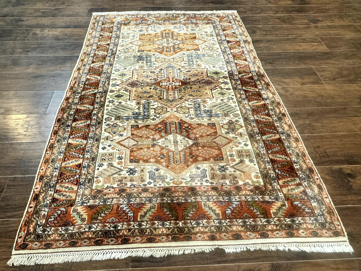 Turkish Kazak Rug 4x6, Geometric Medallions, Vintage Handmade Wool Carpet