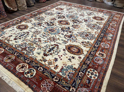 Indo Chinese Wool Rug 9x12, Ivory and Rust Red, Dragon Motifs