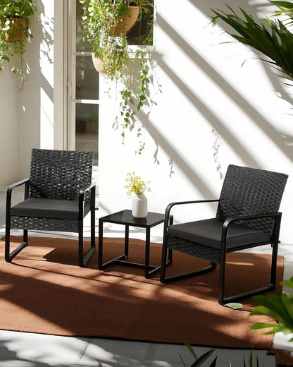 3 Piece Outdoor Patio Furniture Set Wicker Conversation Set With Glass Coffee Table