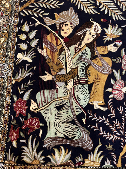 Persian Qum Pictorial Rug 4.8 x 6.5 - Layla & Majnun, Birds