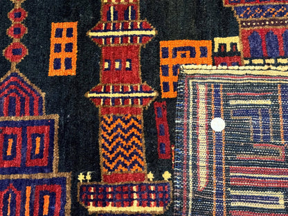 Balouch Rug 3x5, City Pictorial, Afghan Rug