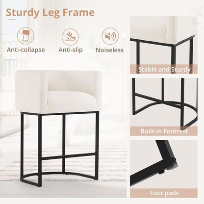 27 Inch Counter Height Bar Stools Set Of 2 With Backrest And Armrests Beige Linen Upholstery Black Metal Frames