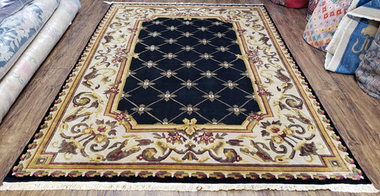Nepal Rug 6x9, New Aubusson Nepalese Tibetan Carpet 6'1" x 8' 8", Hand-Knotted Wool, Unused, Black & Cream, Savonnerie Pattern, Soft Pile