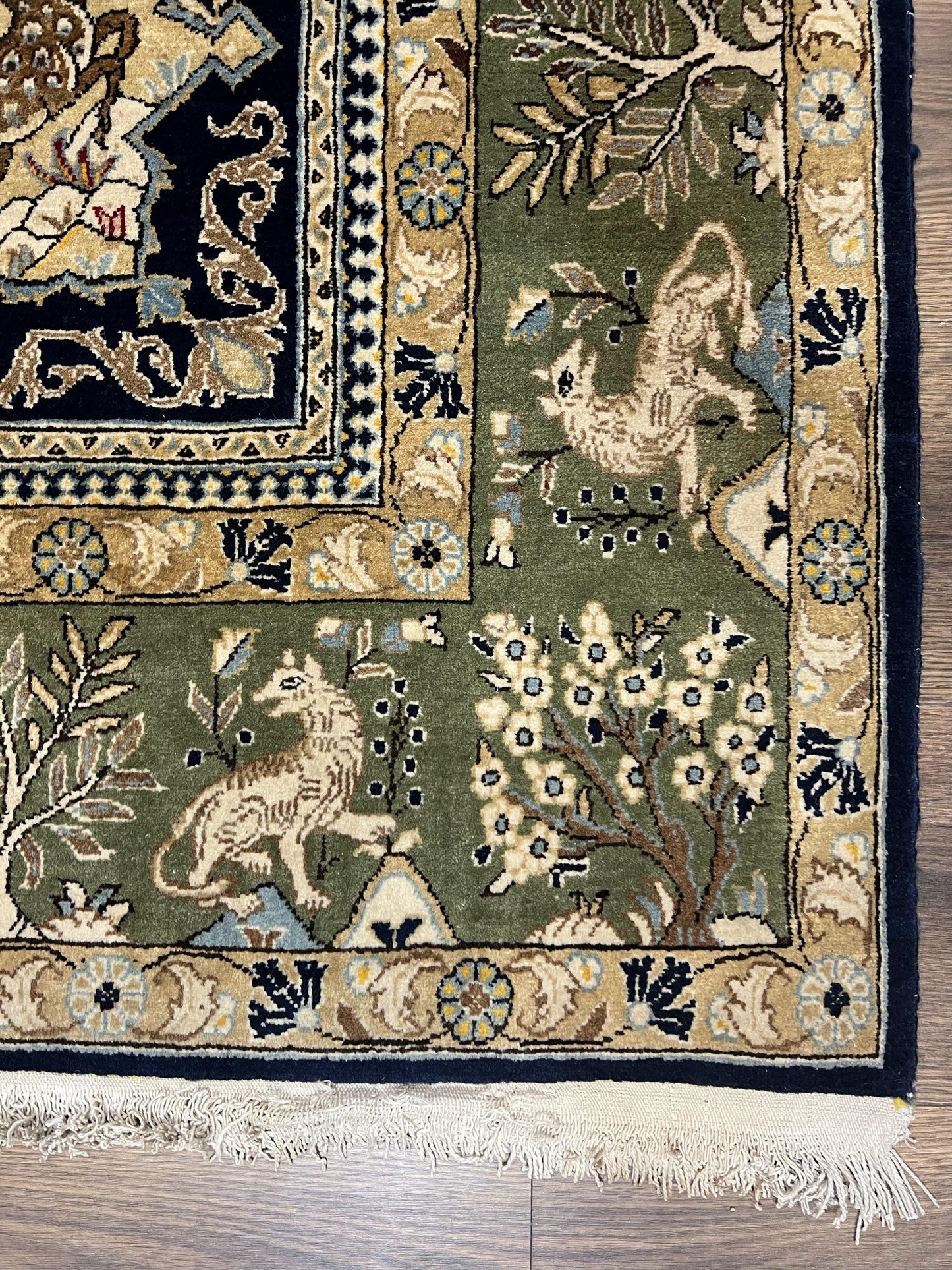 Wonderful Persian Qum Rug 6x9, Animal Pictorials, Tree of Life, Deer Birds, Hand Knotted Oriental Ghom Carpet, Semi Antique Vintage, Navy Blue Green
