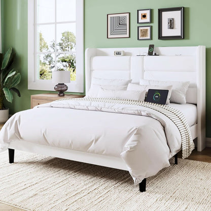 Full Size Platform Bed Frame With USB Charging Station And Storage Headboard