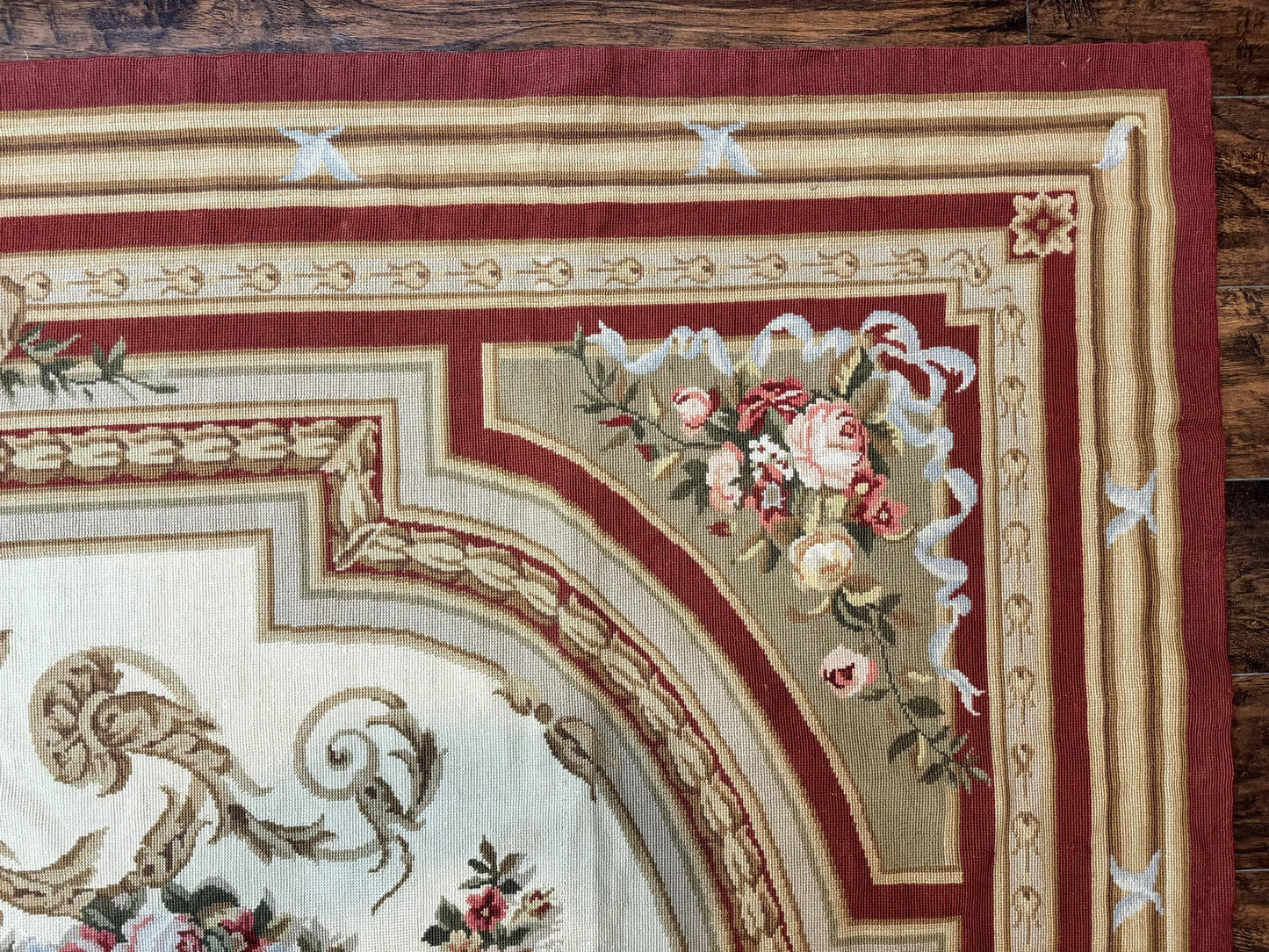 Aubusson Needlepoint Rug 9x11, Handmade Vintage Wool Flatweave Carpet, Elegant European Rug, Floral, Cream