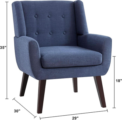 Dark Blue Linen Upholstered Tufted Midcentury Armchair