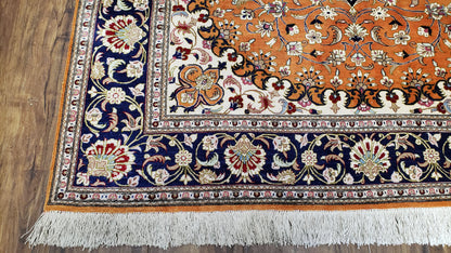 Vintage Persian Qum Silk Rug 4.6 x 6.7, Burnt Orange and Navy Blue, Antique Oriental Very Fine Signature Master Weaver 350+ KPSI Ghom Qom 5x7 Rug