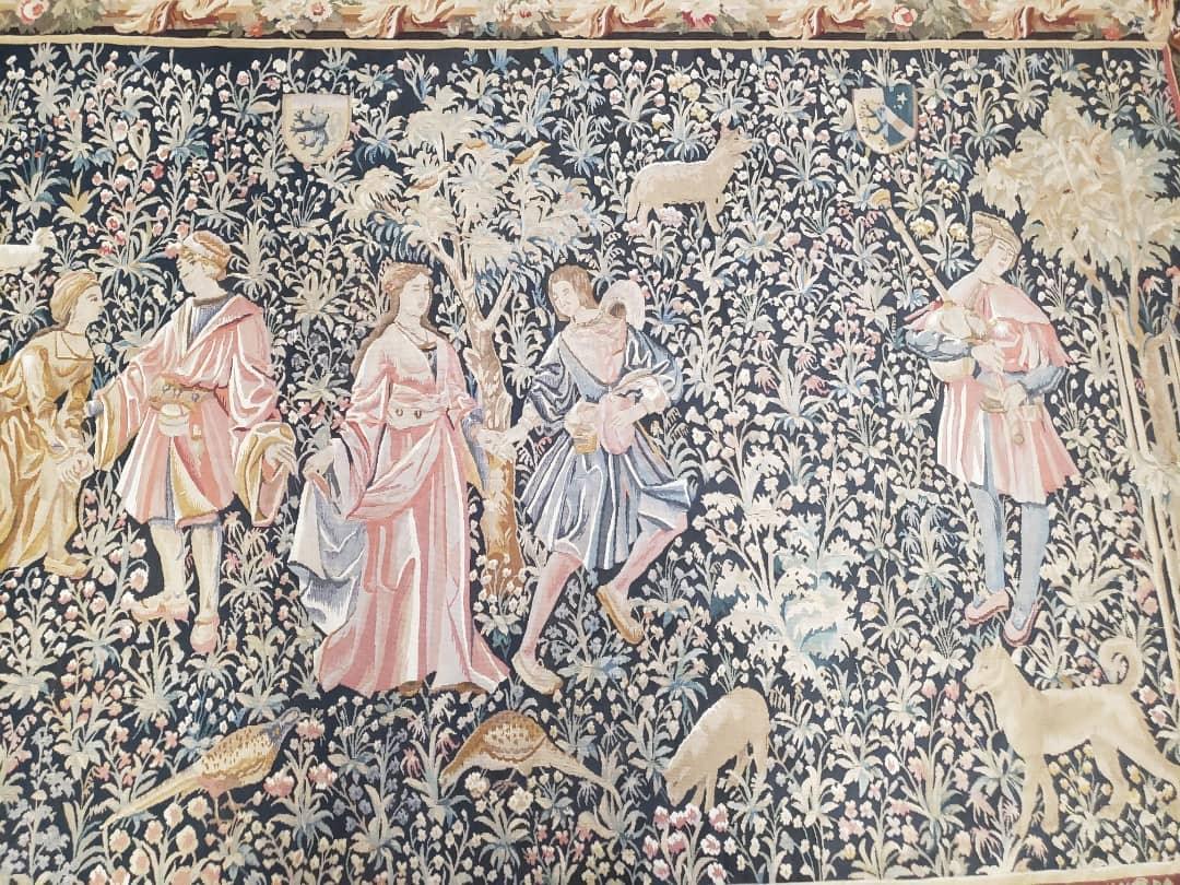 Vintage European Tapestry 5.4 x 7.11, Antique Style European Wall Hanging, Aubusson Weave Handmade Tapestry, Courtship Dating Scene, Animals