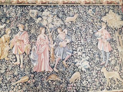 Vintage European Tapestry 5.4 x 7.11, Antique Style European Wall Hanging, Aubusson Weave Handmade Tapestry, Courtship Dating Scene, Animals