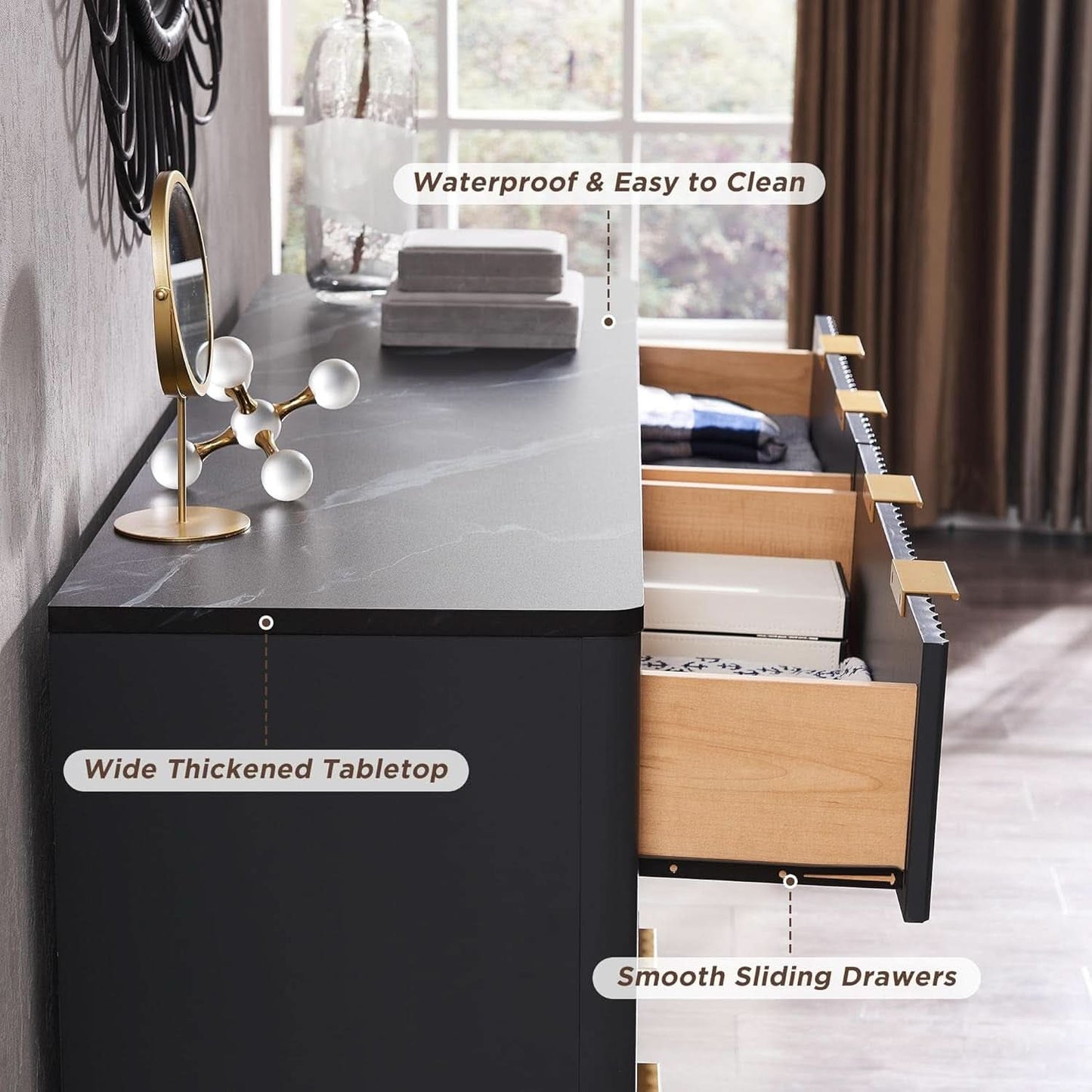 54 Inch Fluted Dresser With Dark Gray Faux Marble Top