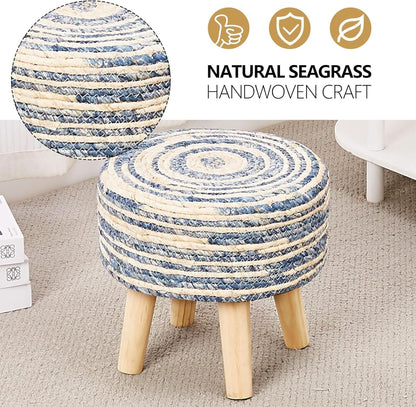 Round Seagrass Ottoman Footstool Handwoven Natural Blue