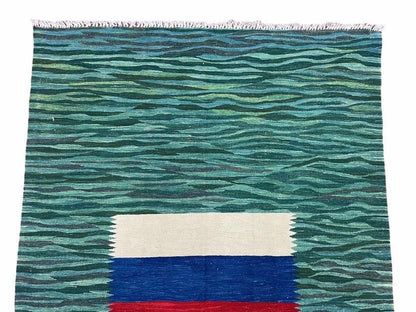 Sea Green Kilim Area Rug, White Blue Red Stripes, Russian Flag Rug, Flatweave Hand Knotted Carpet, Turkish Carpet, Wool, New, 5' 6" x 7' 10"