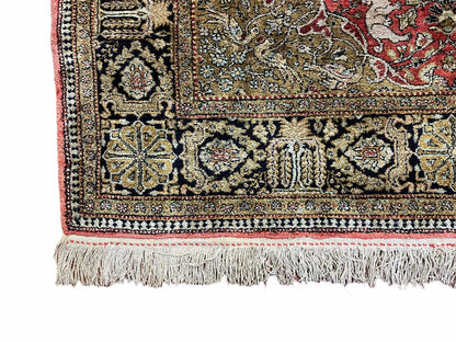 Persian Qum Silk Rug 3.8 x 5.6, Silk on Silk, Animal Pictorials, Fine 330 KPSI