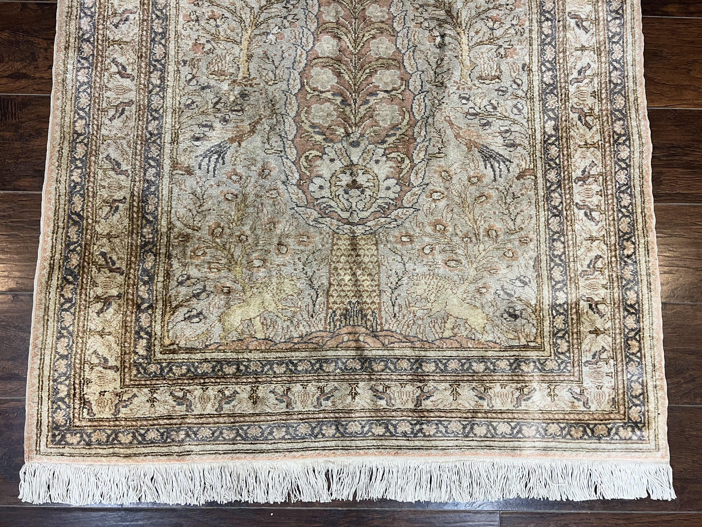 Turkish Kayseri Silk Rug 4x6, Tree of Life Pattern, Vintage Handmade Hand Knotted Carpet, Animal Pictorials, Birds