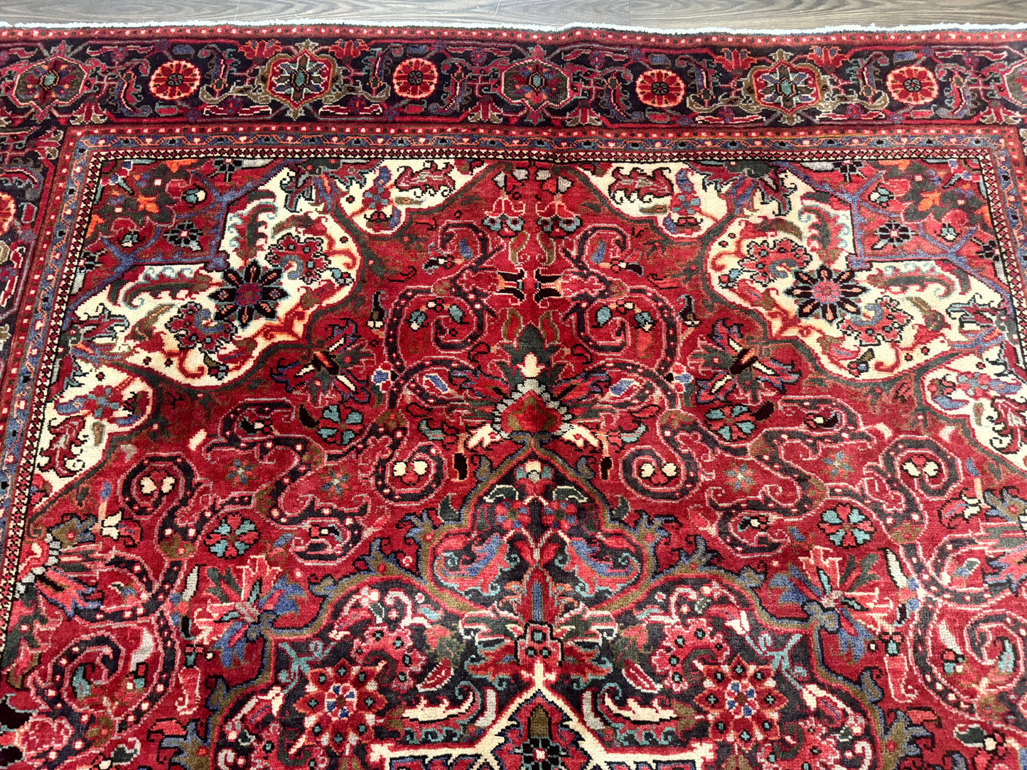 Persian Heriz Rug 7x10, Red and Navy, Geometric Medallion, Vintage Wool Carpet