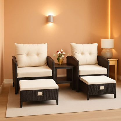 5 Piece Beige Rattan Patio Furniture Set With Ottomans And Coffee Table