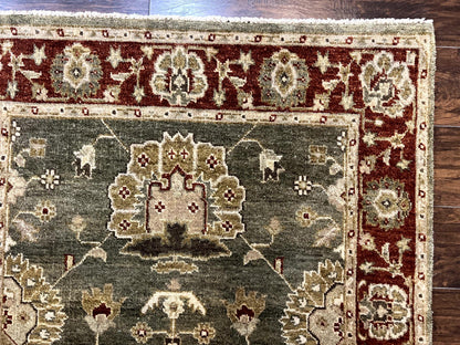 Indo Oushak Rug 4x6, Green and Maroon, Vintage Wool Floral Rug, Indian Agra Rug