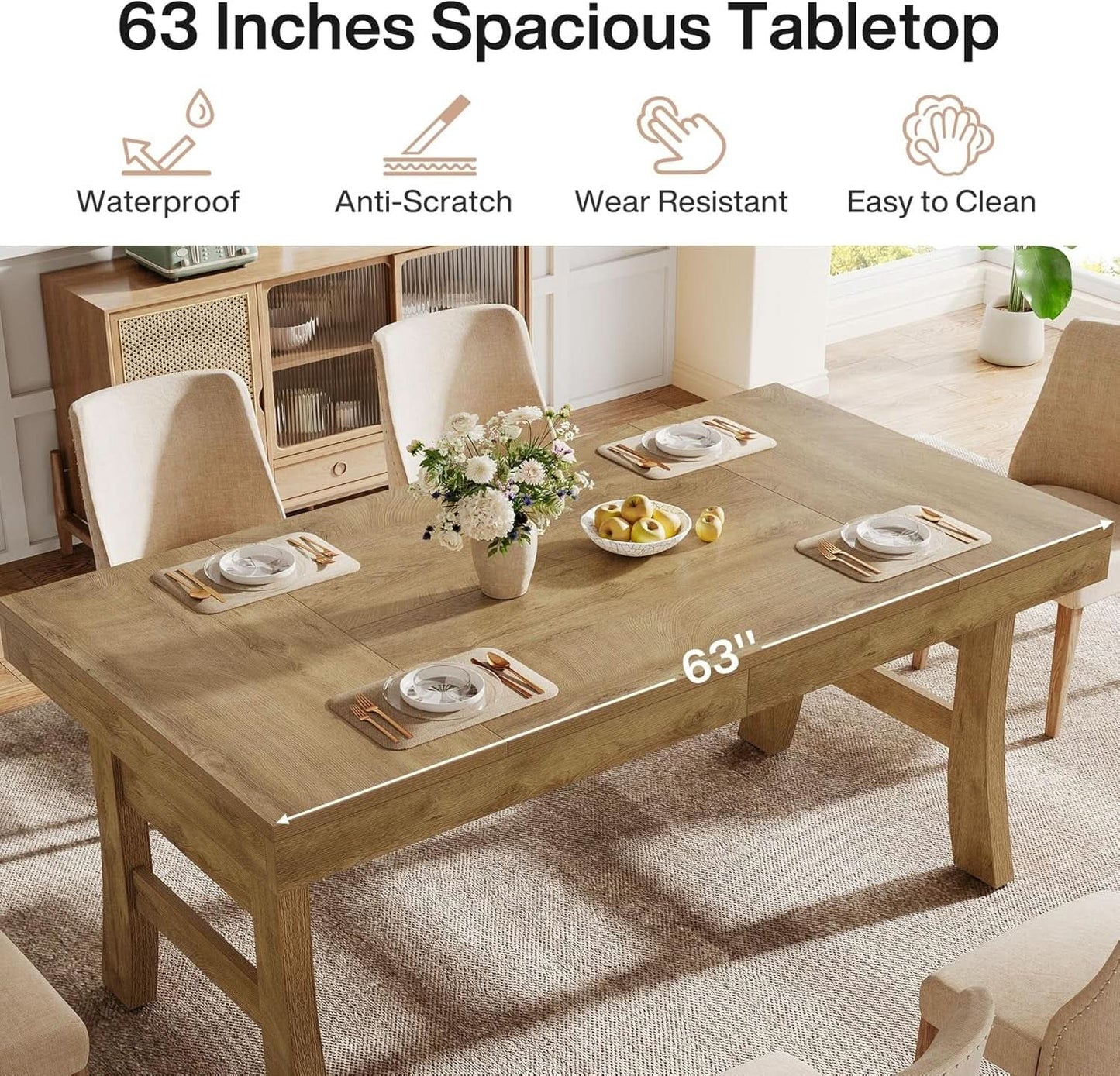 63 Inch Farmhouse Rectangular Wood Dining Table Kitchen