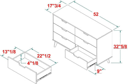 Modern Six Drawer Dresser Black 52 Inch Bedroom Storage