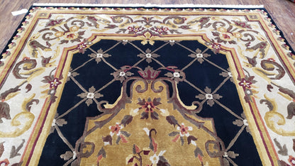 Nepal Rug 6x9, Nepalese Aubusson Area Rug 6 x 9, Hand-Knotted Wool Soft Pile Black & Beige Tibetan Aubusson New Carpet European Savonnerie
